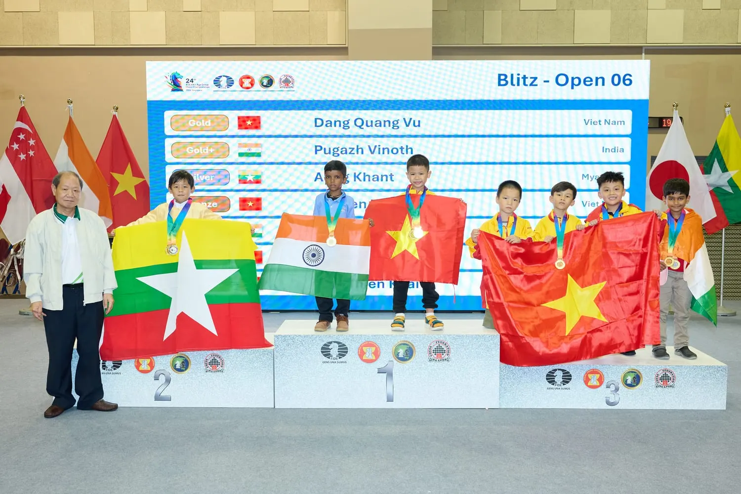 The Under-6 Blitz medal podium at the 24th ASEAN+ Championships, Singapore