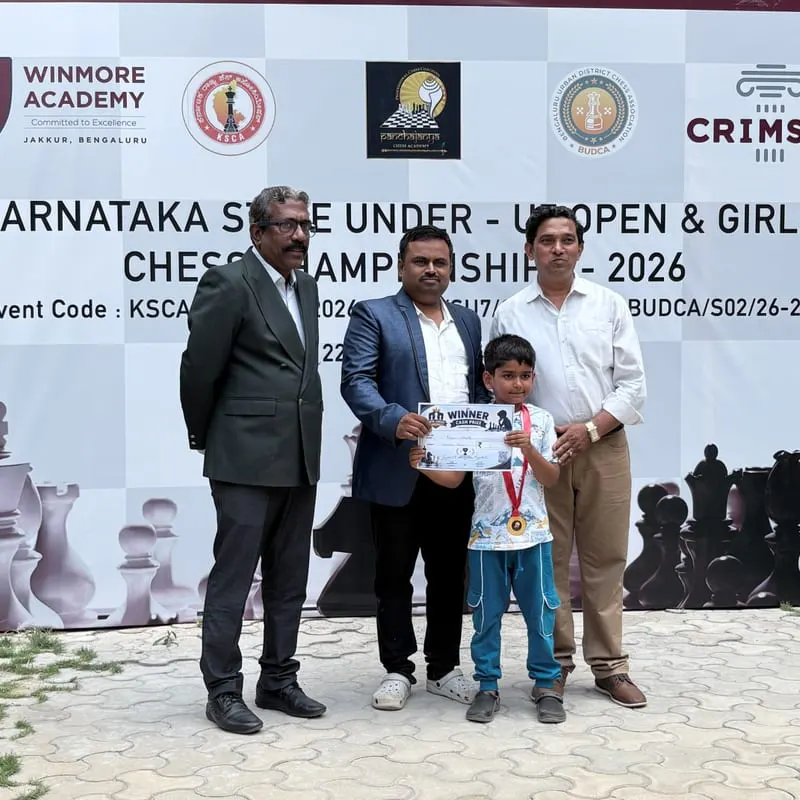 Riyaan Sidharth receiving his award at the Karnataka State Under-7 Chess Championship 2026