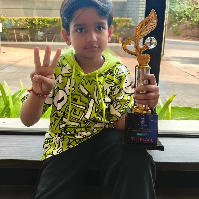 Riyaan Sidharth with his 5th-place trophy from the 34th RCC STS International FIDE Rated Rapid in Mangalore