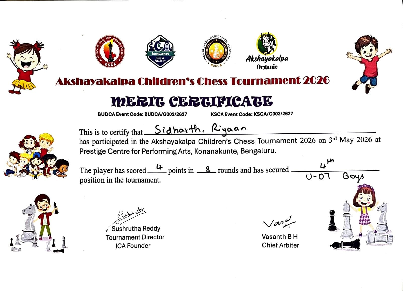 Merit certificate — 4th place, Under-7 Boys, Akshayakalpa Children's Chess Tournament 2026, scored 4 of 8