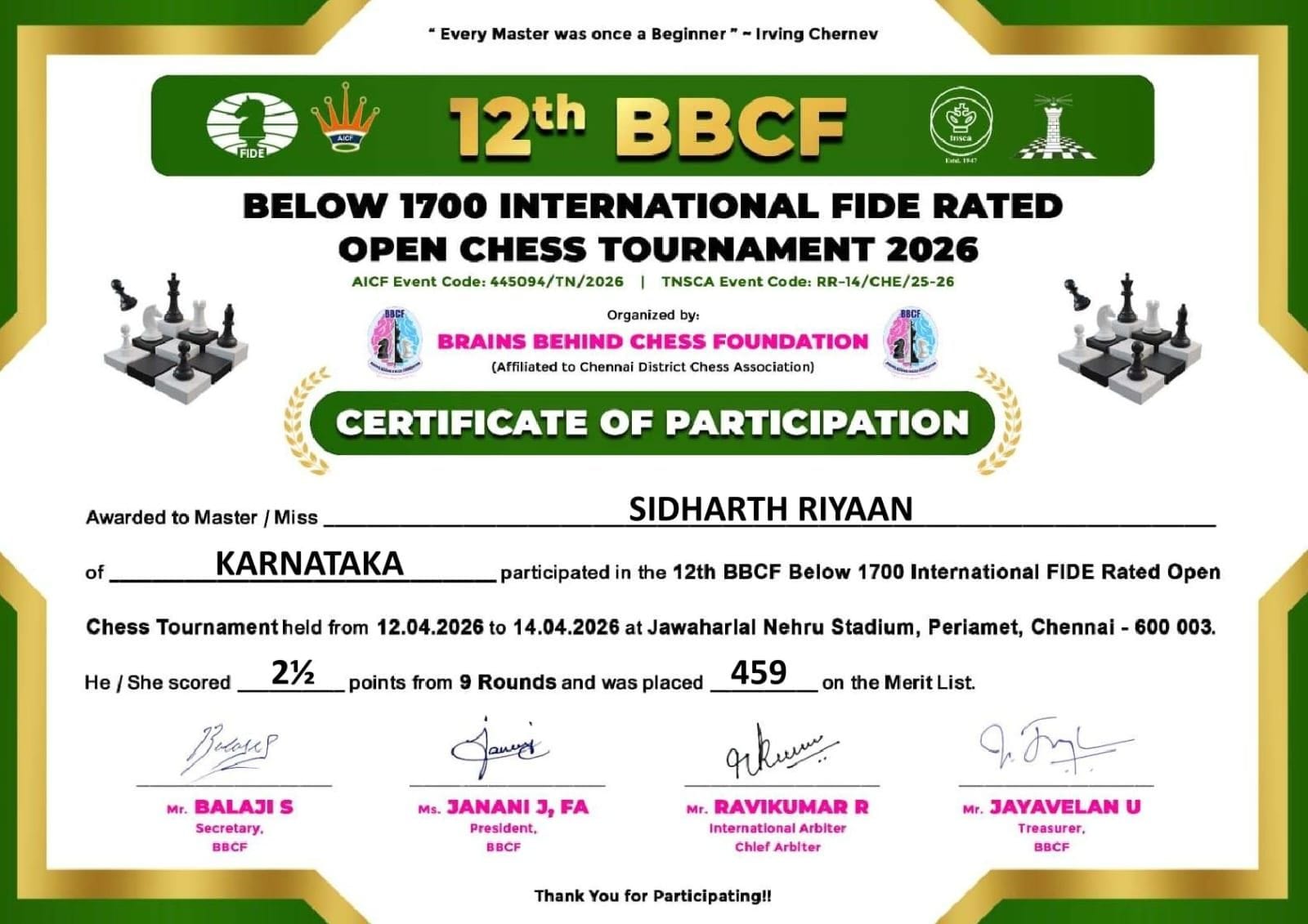 Certificate of participation — 12th BBCF Below-1700 International FIDE Rated Open 2026, Chennai, scored 2½ of 9