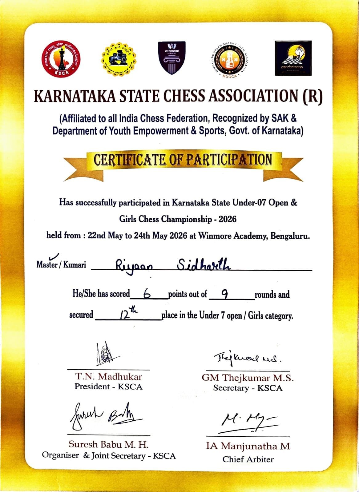 Certificate of participation — Karnataka State Under-07 Open Chess Championship 2026, 12th place, scored 6 of 9