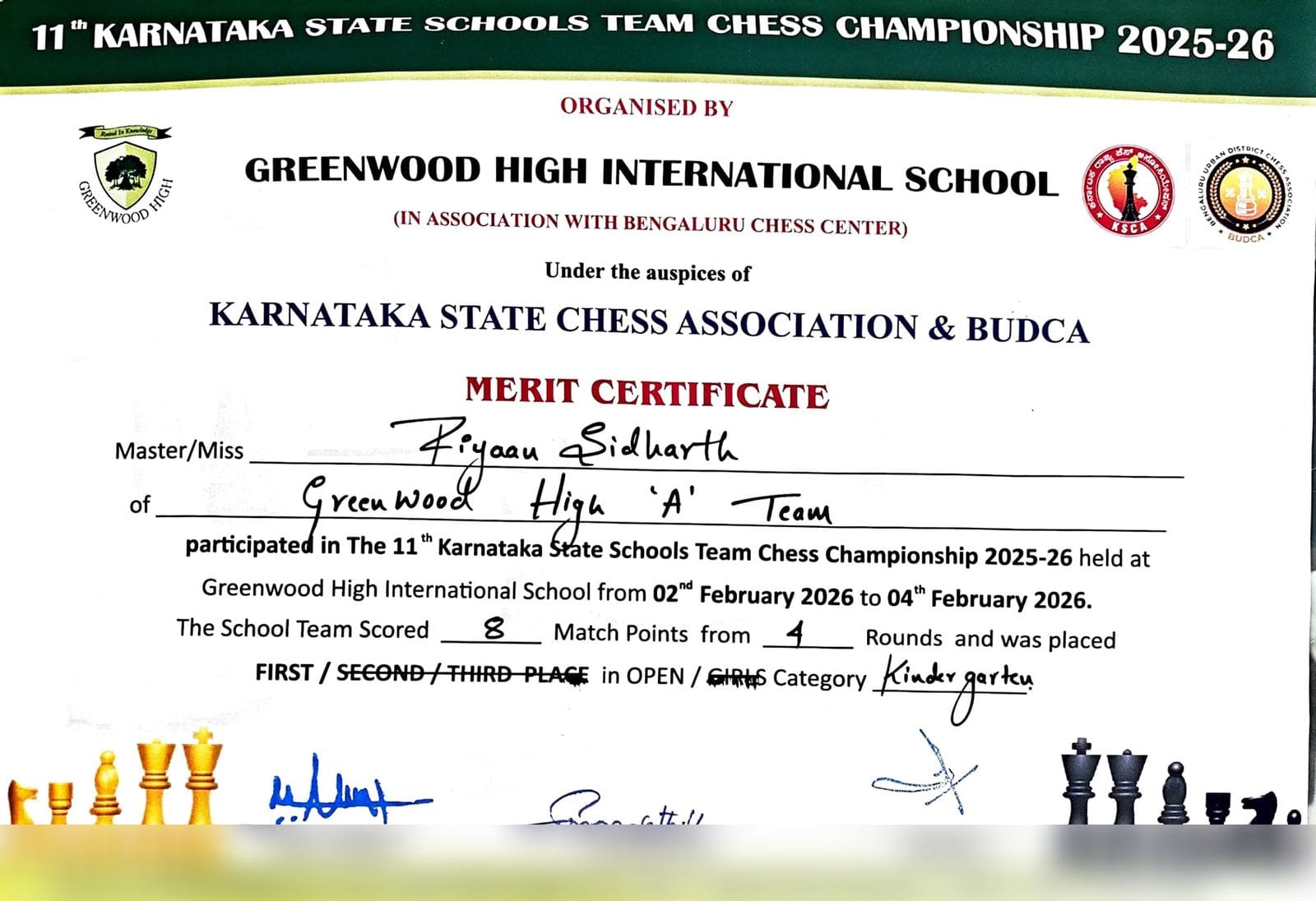Merit certificate — 1st place, Kindergarten team, 11th Karnataka State Schools Team Chess Championship 2025-26, Greenwood High 'A' team